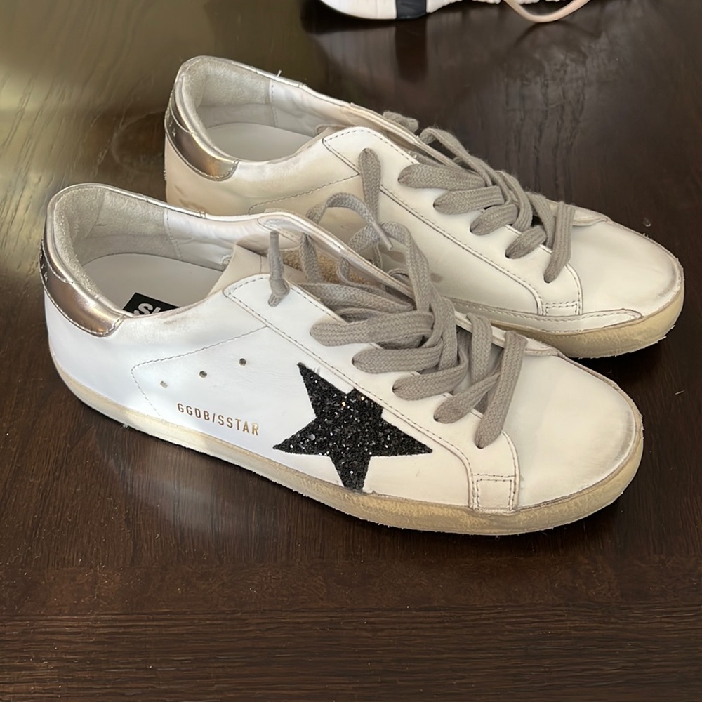 Golden Goose Superstar Glittered Distressed Leather Sneakers